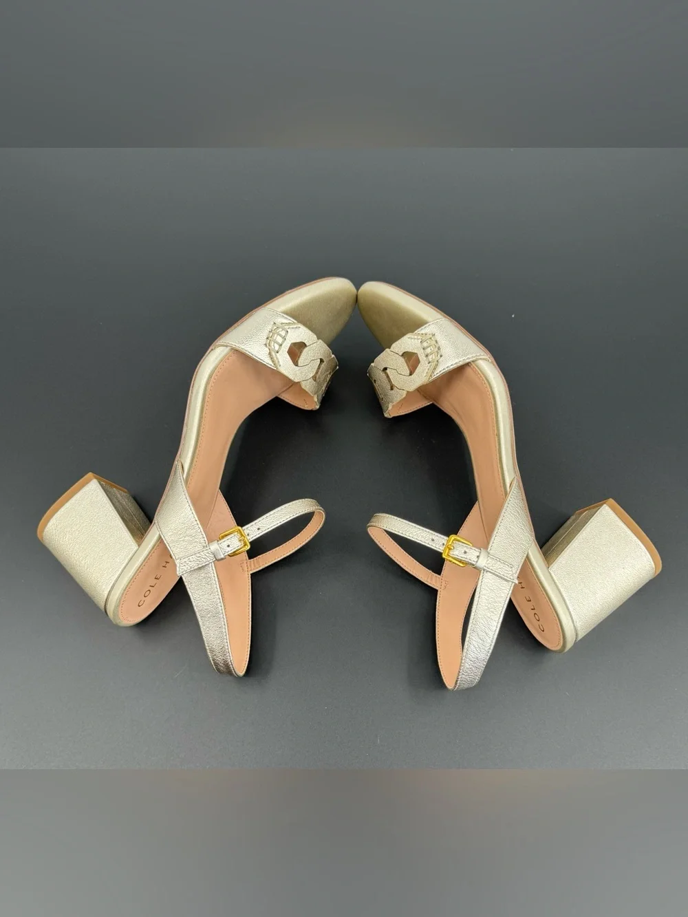 Cole Haan Pearl Metallic Chain-Link Block Heel Sandals